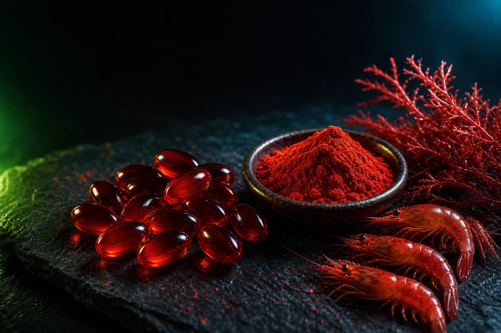 Deep red astaxanthin capsules with red-orange astaxanthin powder, krill, and red microalgae on dark slate