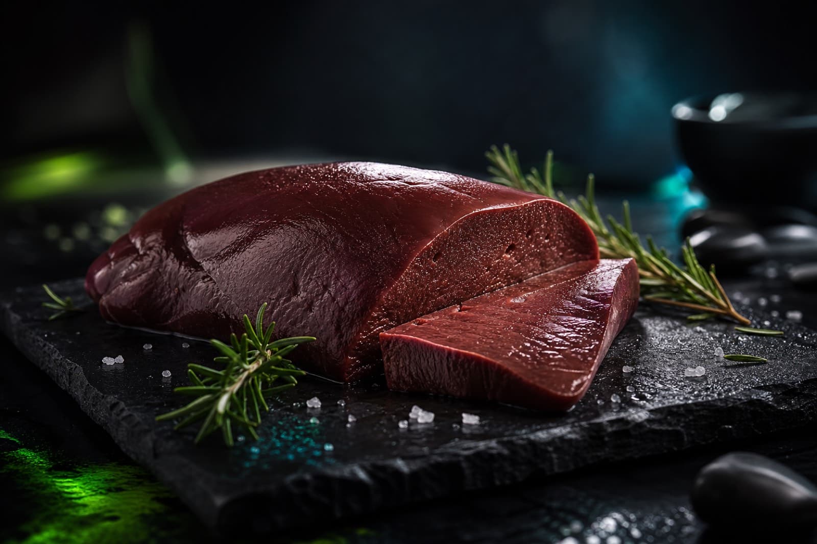 Fresh raw liver on a dark slate board with rosemary and sea salt