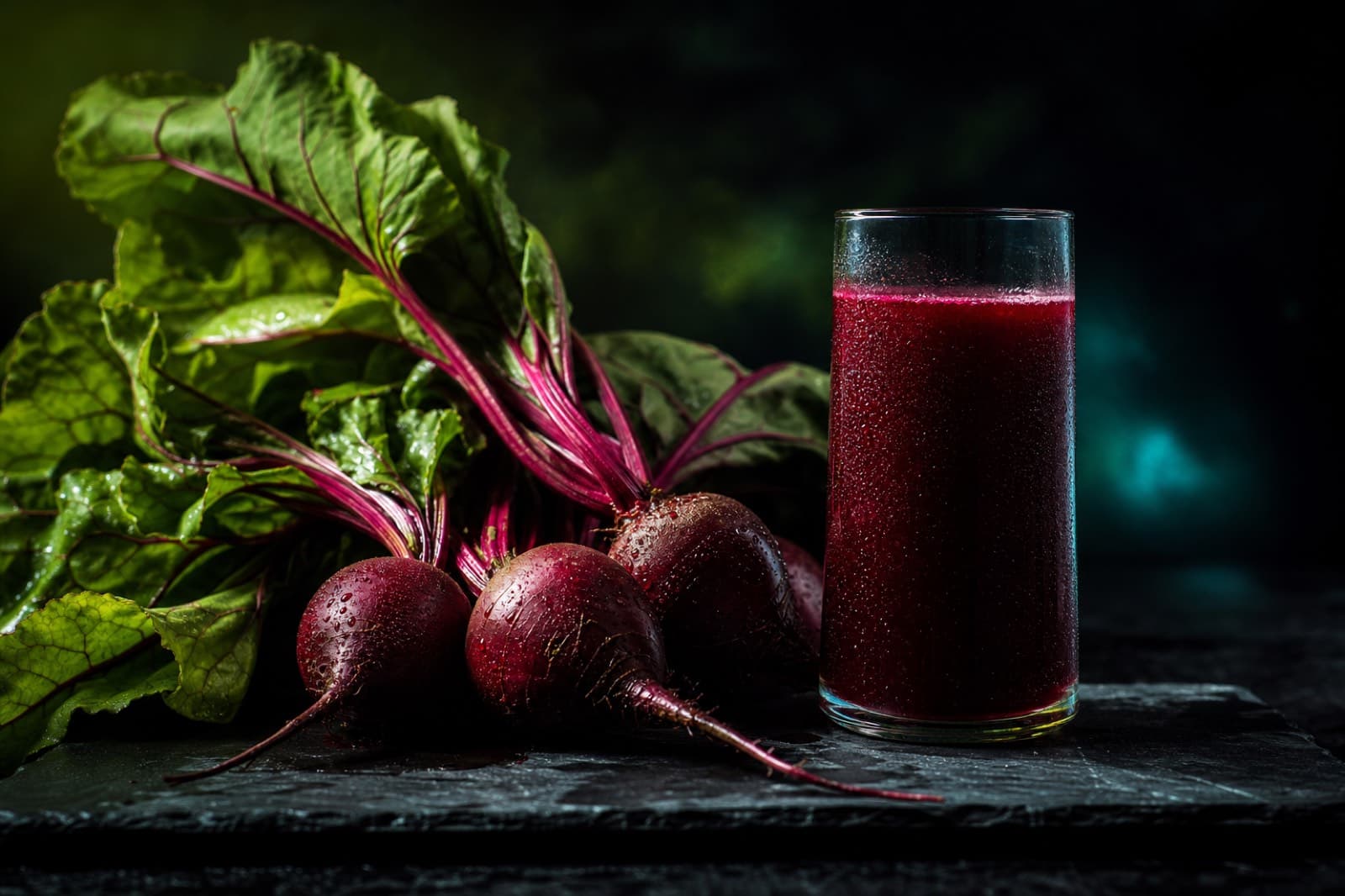 Fresh beetroots and a glass of deep crimson beetroot juice for endurance