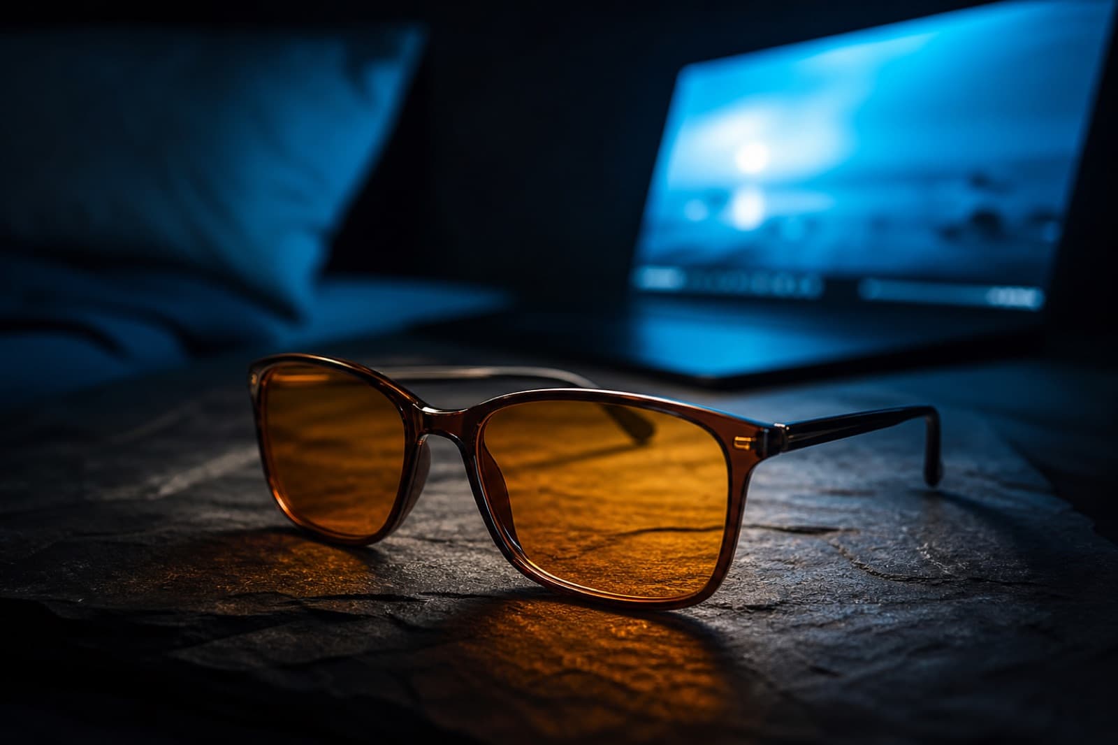 Amber blue-blocking glasses resting on dark slate, filtering the cool blue glow of a laptop screen into warm amber light in a dim bedroom