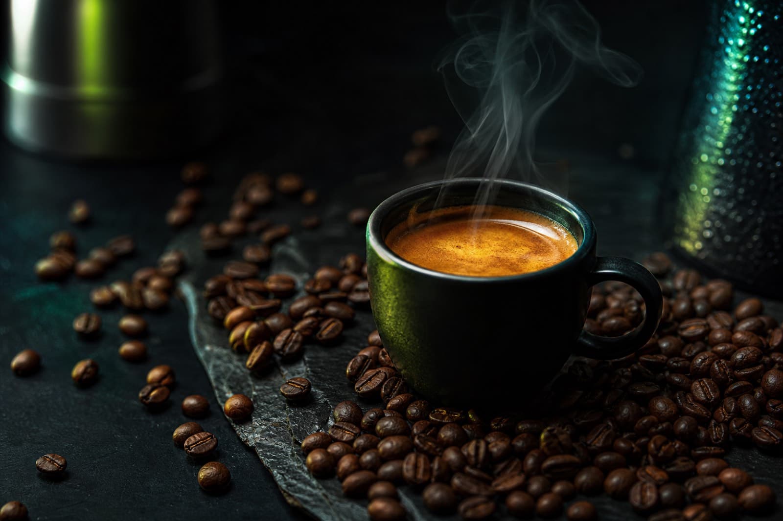Espresso shot with roasted coffee beans on a dark slate surface