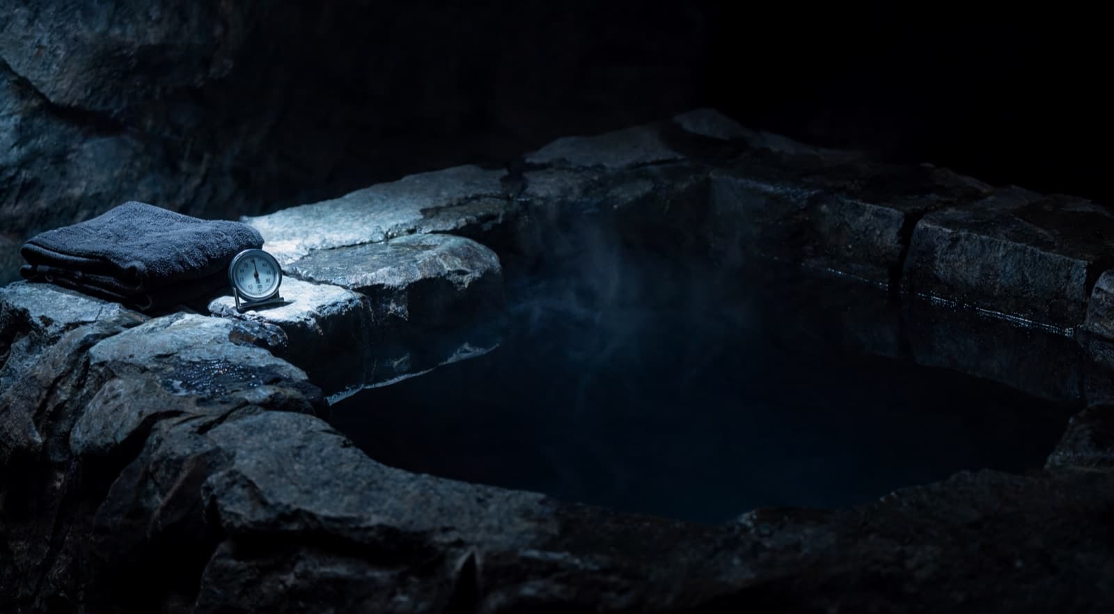 A cold plunge basin cut into dark stone, the water almost black and still, cold vapour drifting off the surface. A folded dark towel and an analogue thermometer rest on the rim, lit by a single cold blue source.