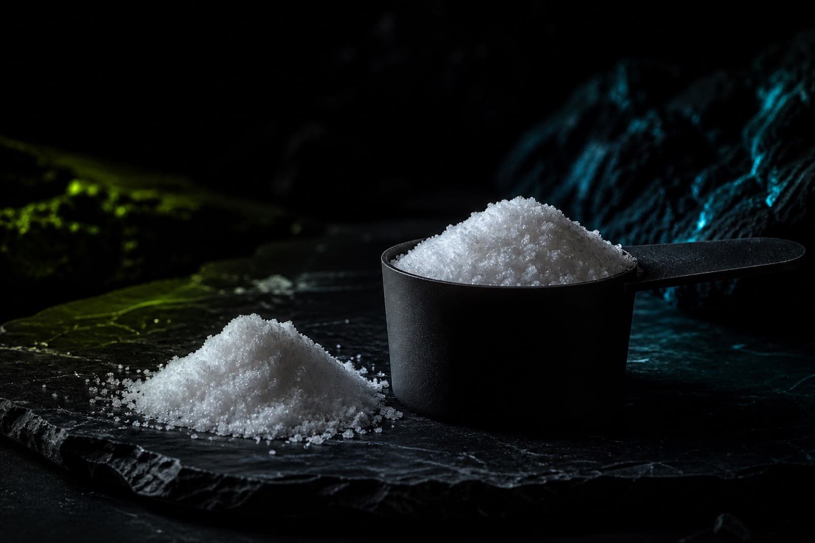Creatine monohydrate powder in a black scoop on a dark slate surface