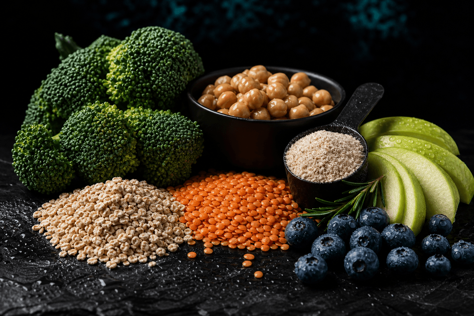 Fiber-rich whole foods — oats, legumes, berries, vegetables, and psyllium on dark slate
