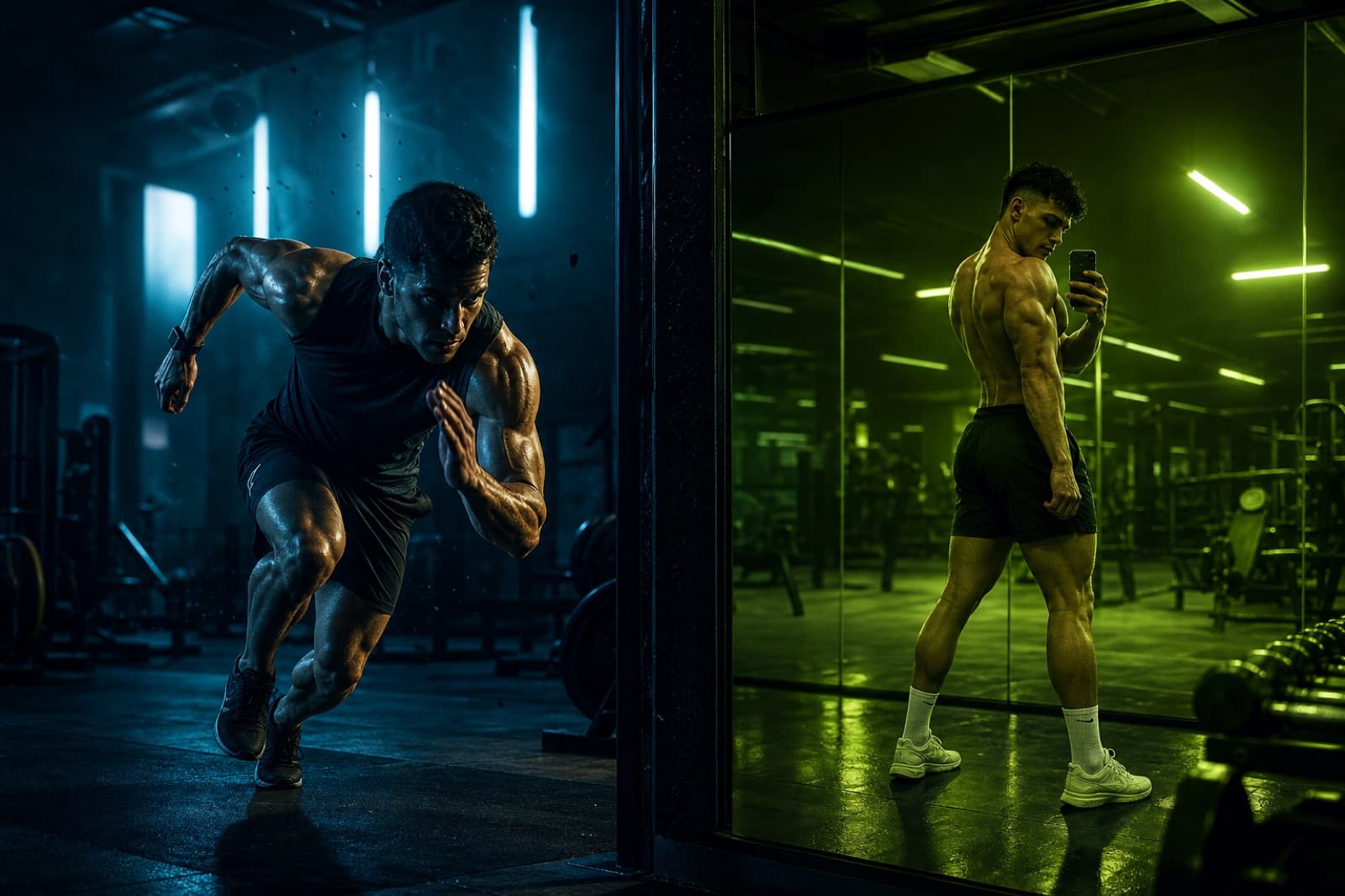 Athlete sprinting with power versus aesthetic-only gym training