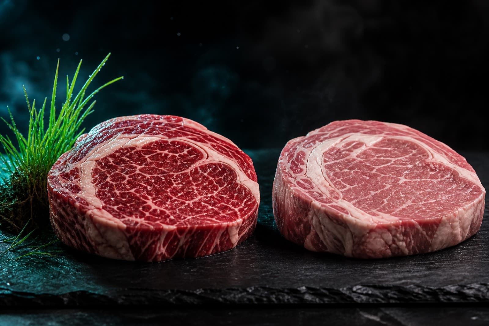 Two raw ribeye steaks side by side on dark slate, the grass-fed cut rim-lit beside a sprig of fresh pasture grass