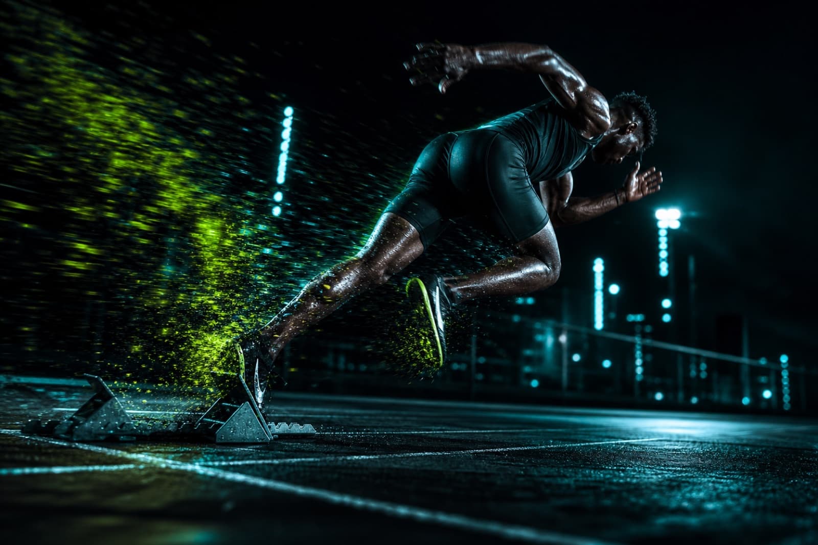 Sprinter driving off the blocks with powerful hamstring engagement