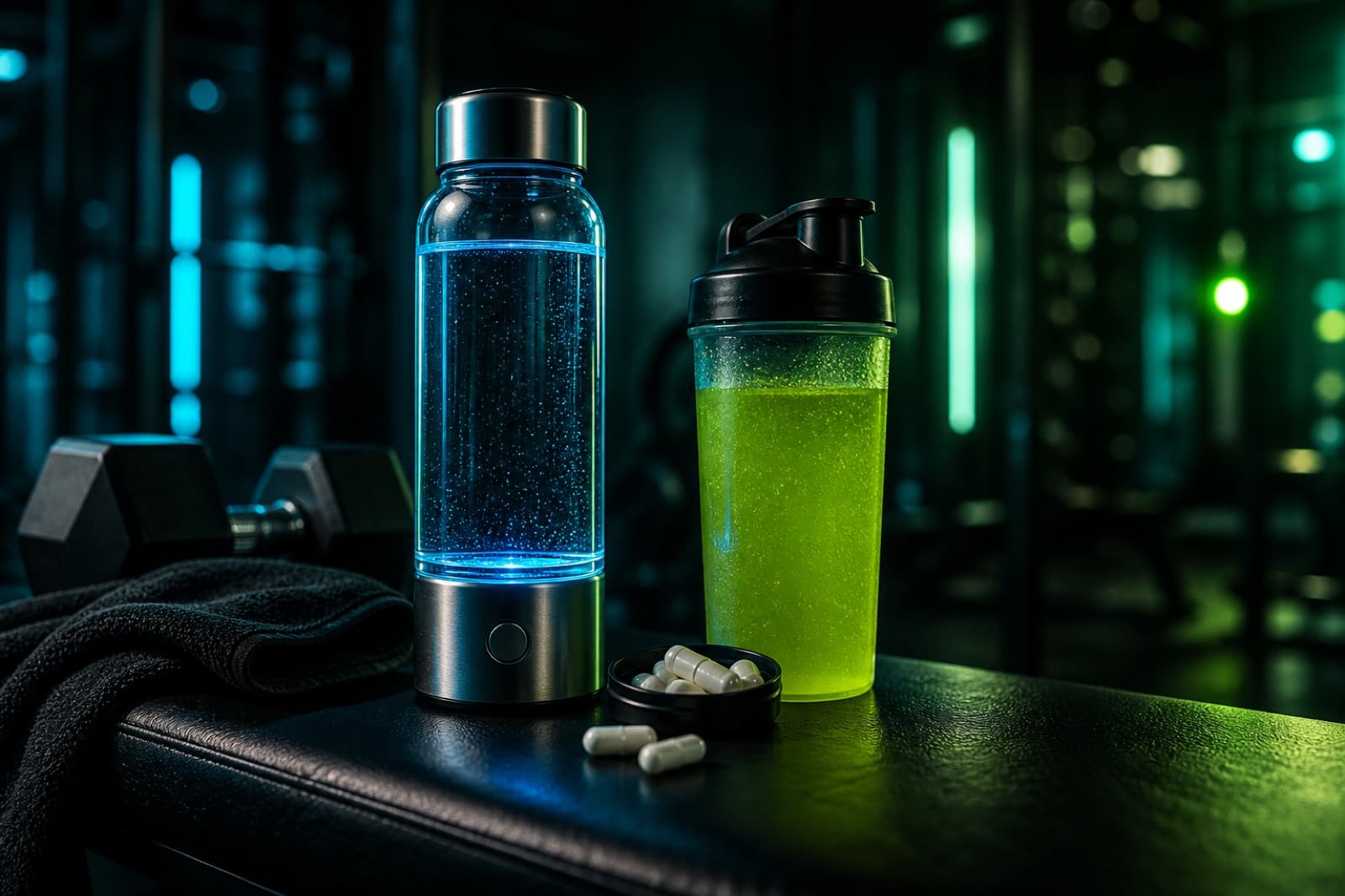 Hydrogen water, supplements, and recovery hydration setup on a gym bench