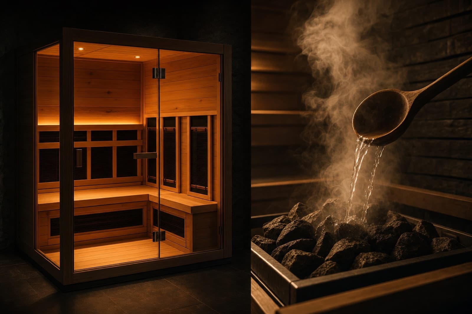 A warmly lit cedar infrared sauna cabin beside a traditional Finnish sauna with a ladle pouring water over hot heater rocks creating steam, on a dark background