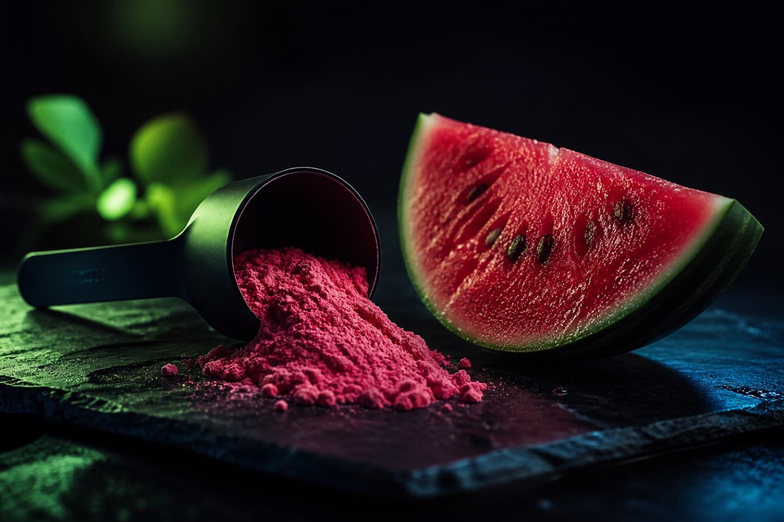 L-citrulline pre-workout powder beside a fresh watermelon wedge