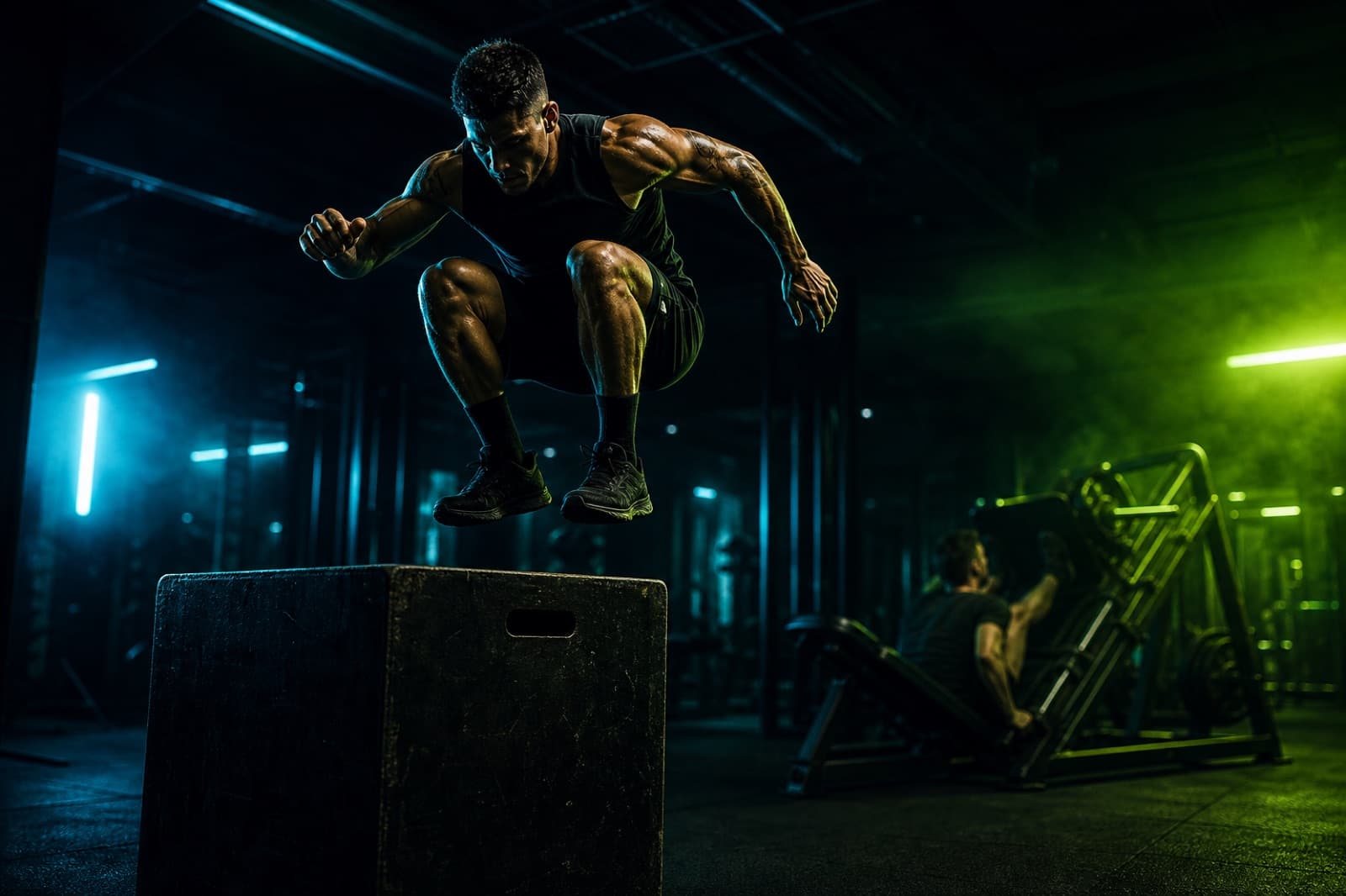 Explosive box jump contrasted with generic leg training equipment
