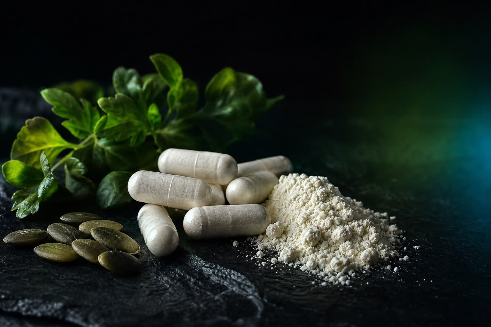 Magnesium bisglycinate capsules and powder with pumpkin seeds and leafy greens on dark slate