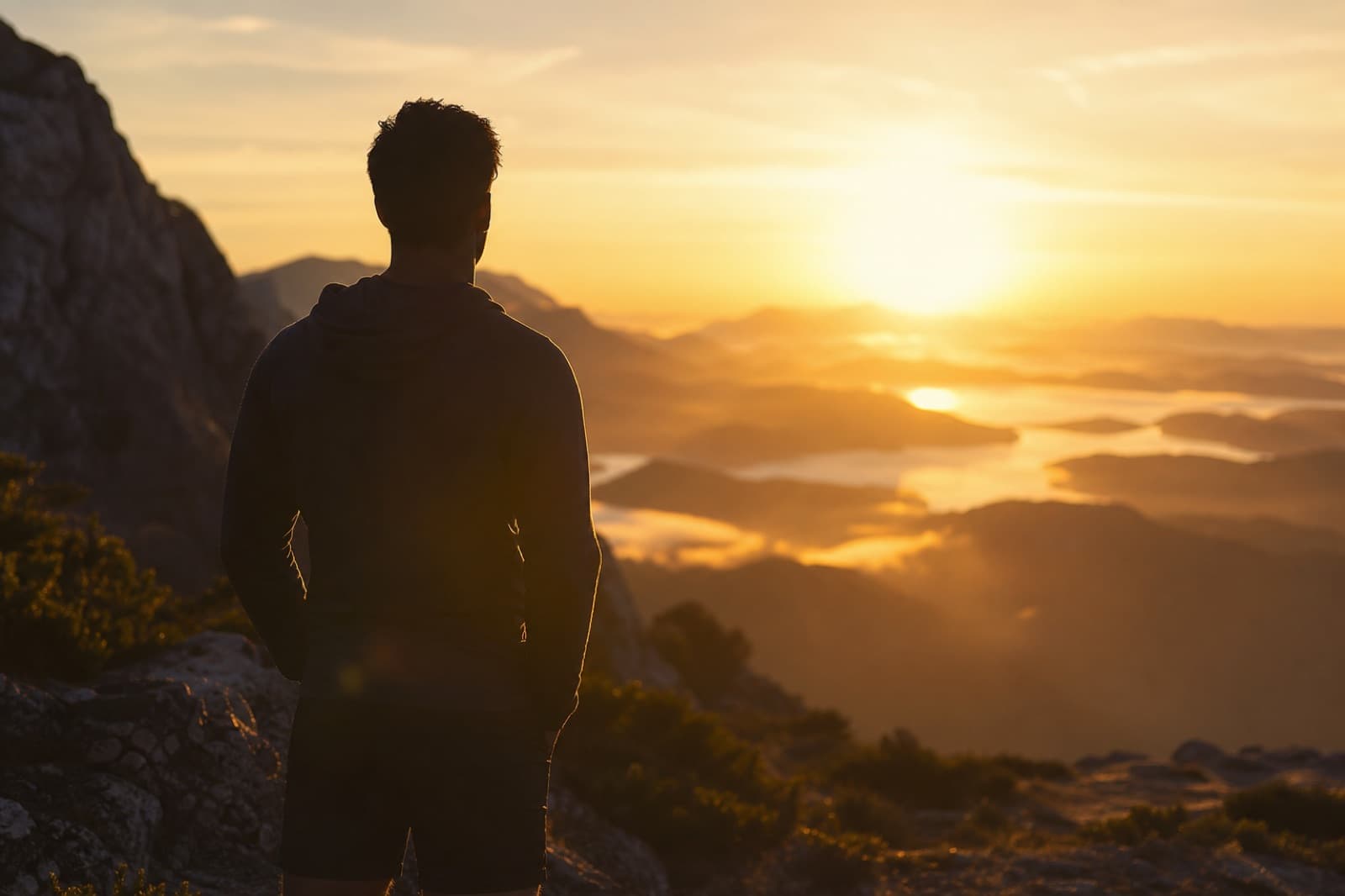 Silhouette of a person standing outdoors at sunrise facing warm golden morning light over misty mountains