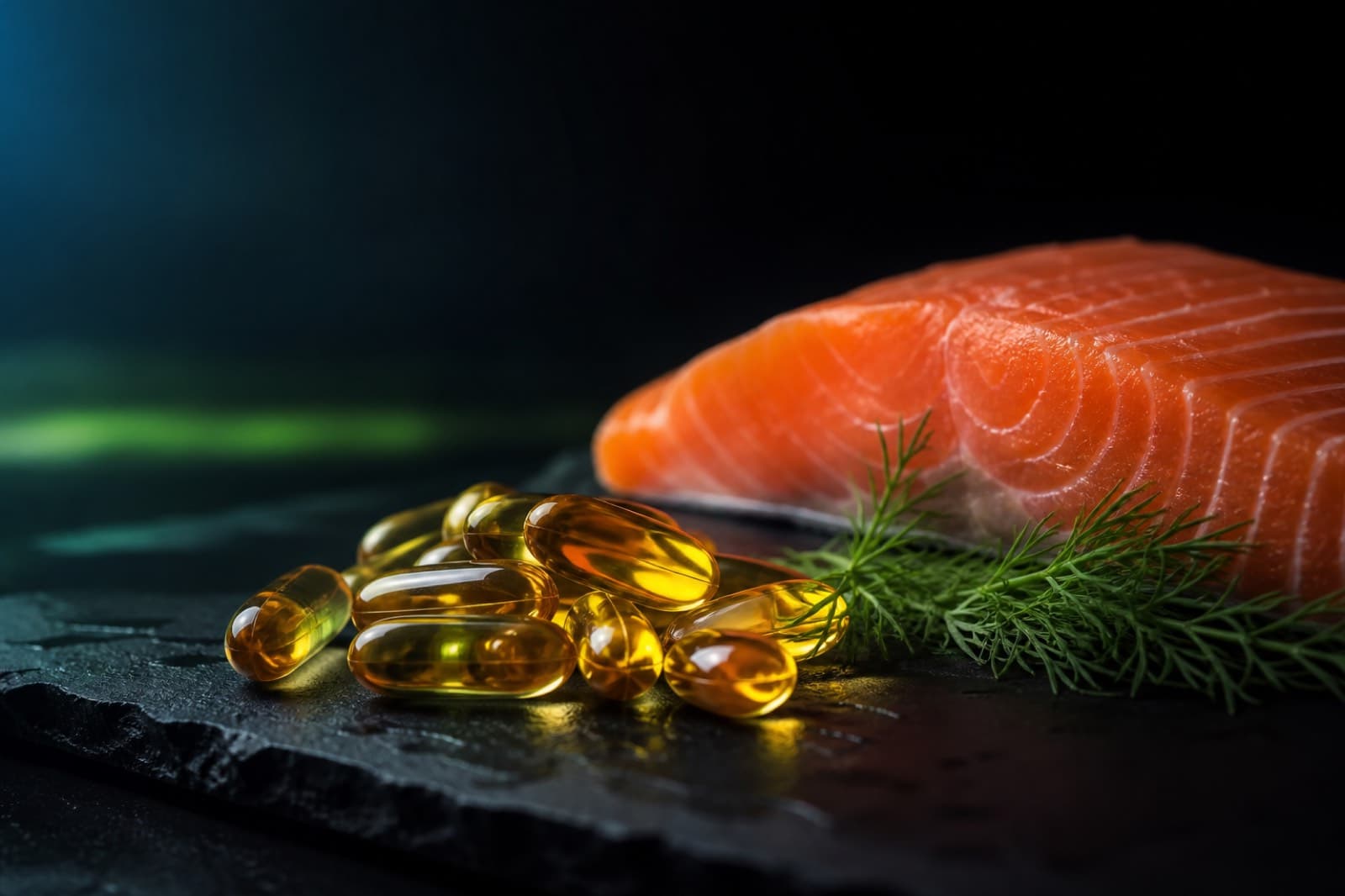 Golden omega-3 fish oil softgels beside a fresh salmon fillet and dill