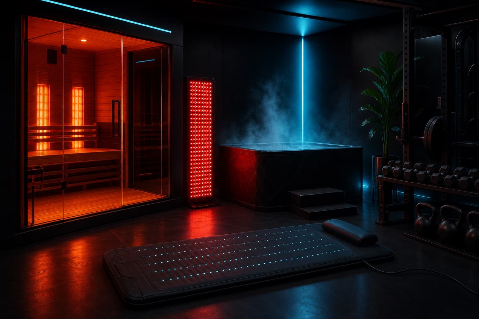 Infrared sauna, red light therapy, and cold recovery equipment in a home gym