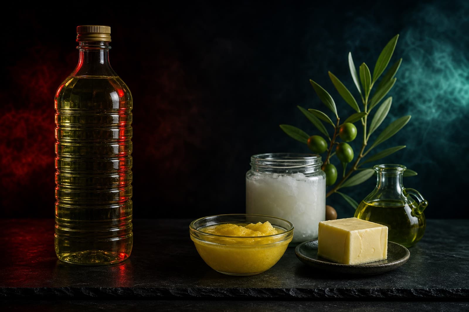 A bottle of industrial seed oil set apart from stable cooking fats — ghee, butter, coconut oil, and olive oil — on dark slate