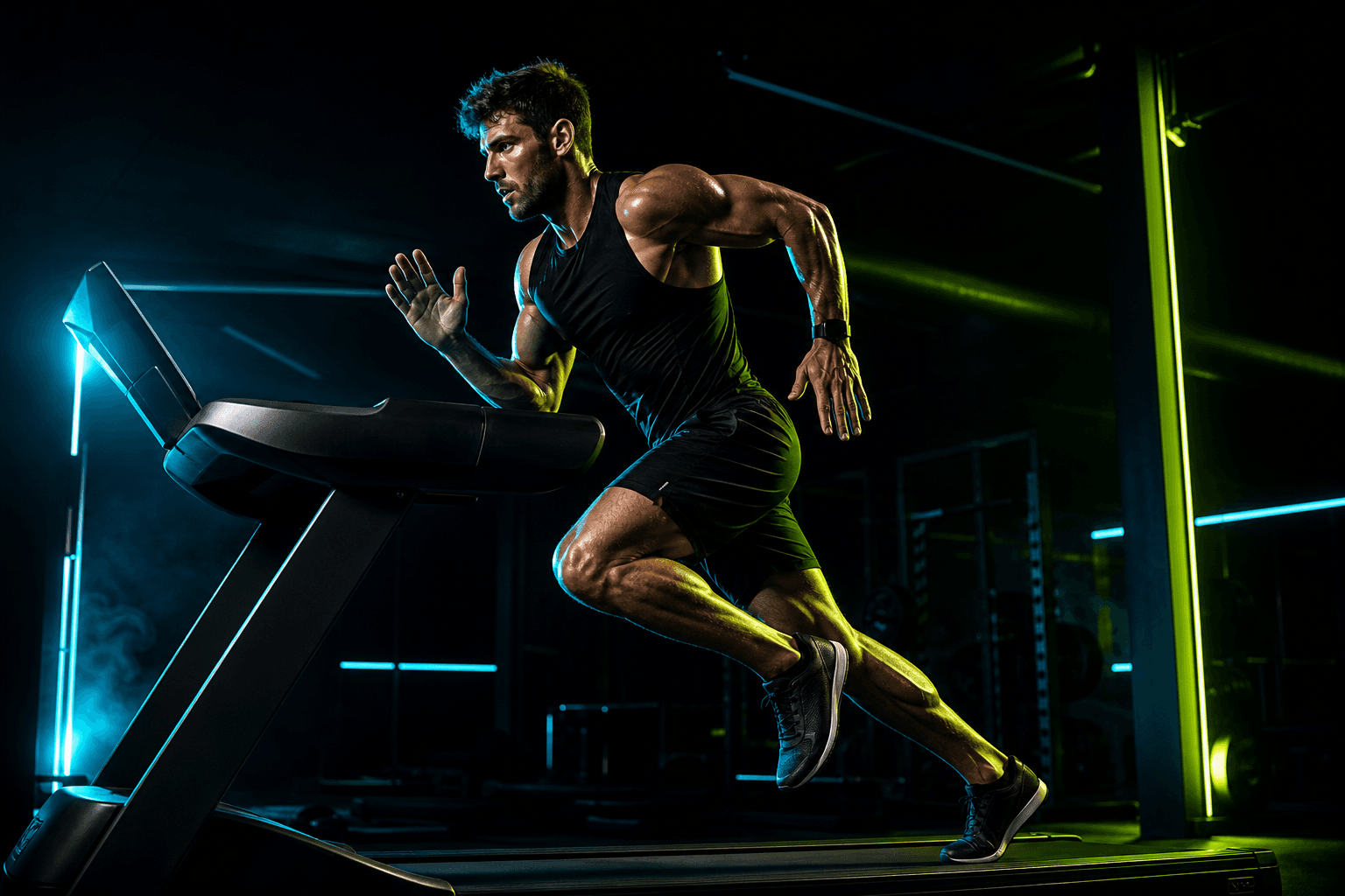 Athlete sprinting on a treadmill during high-intensity conditioning in a dark gym with lime and cyan rim lighting