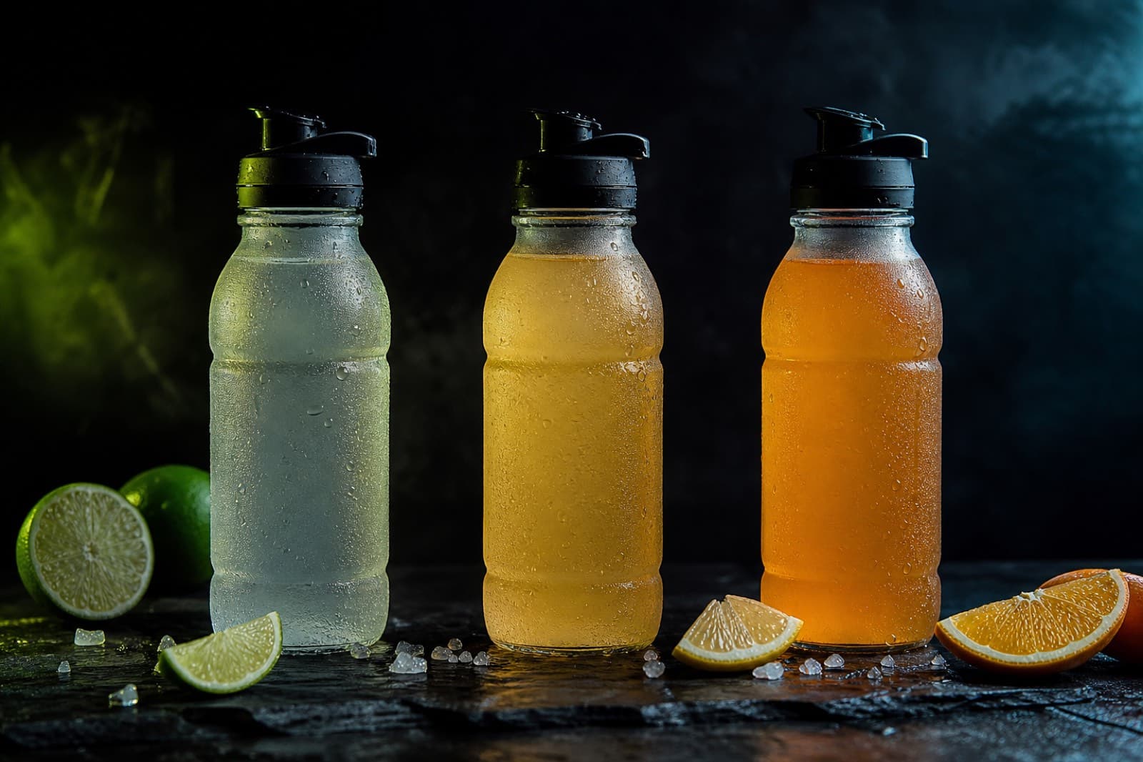 Three frosted sports bottles with hypotonic, isotonic, and hypertonic drinks beside citrus and salt