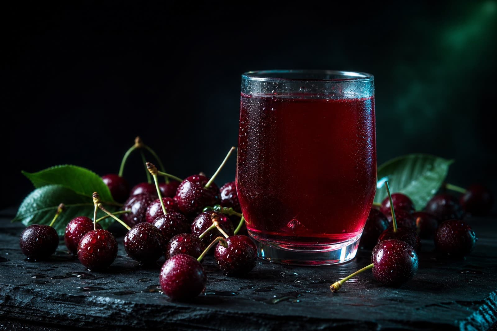 A glass of deep red tart cherry juice surrounded by fresh Montmorency cherries on dark slate