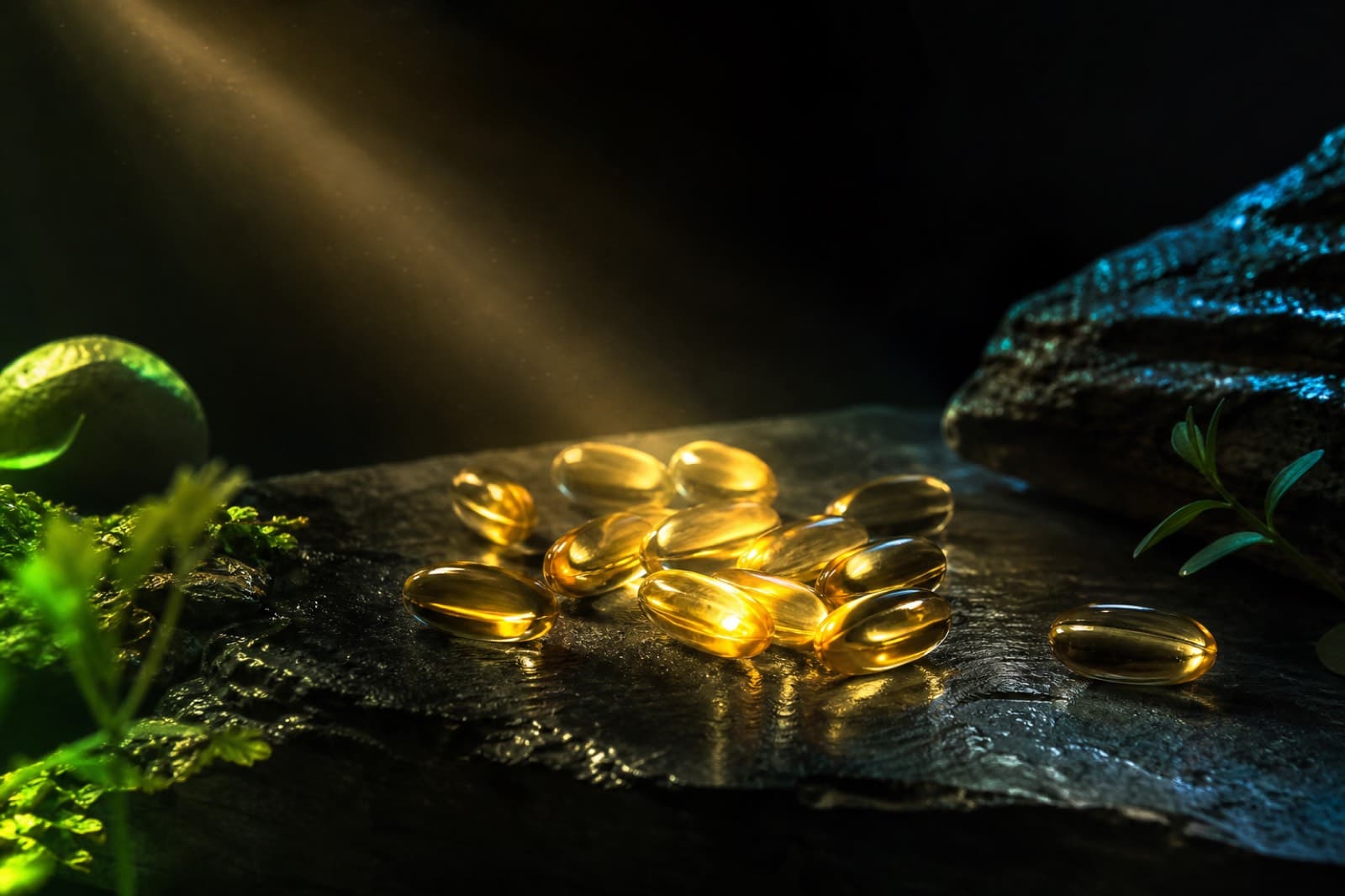 Golden vitamin D3 and K2 softgel capsules lit by a warm sunbeam