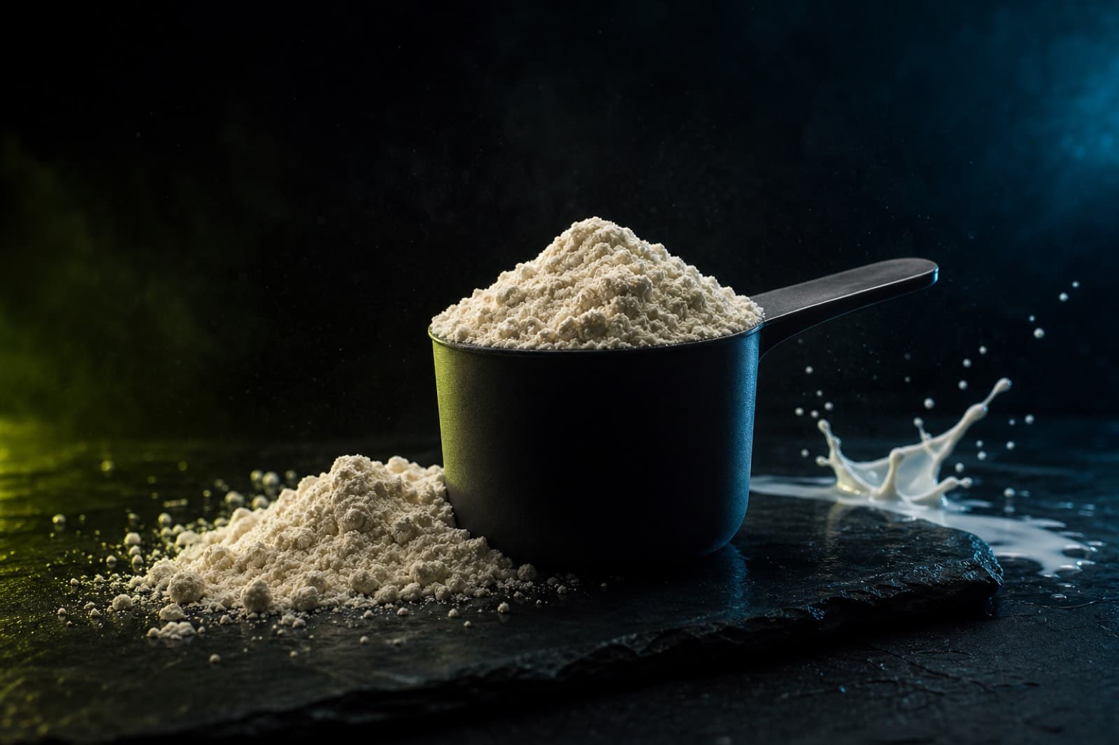 A black scoop heaped with whey protein powder and a splash of milk on dark slate