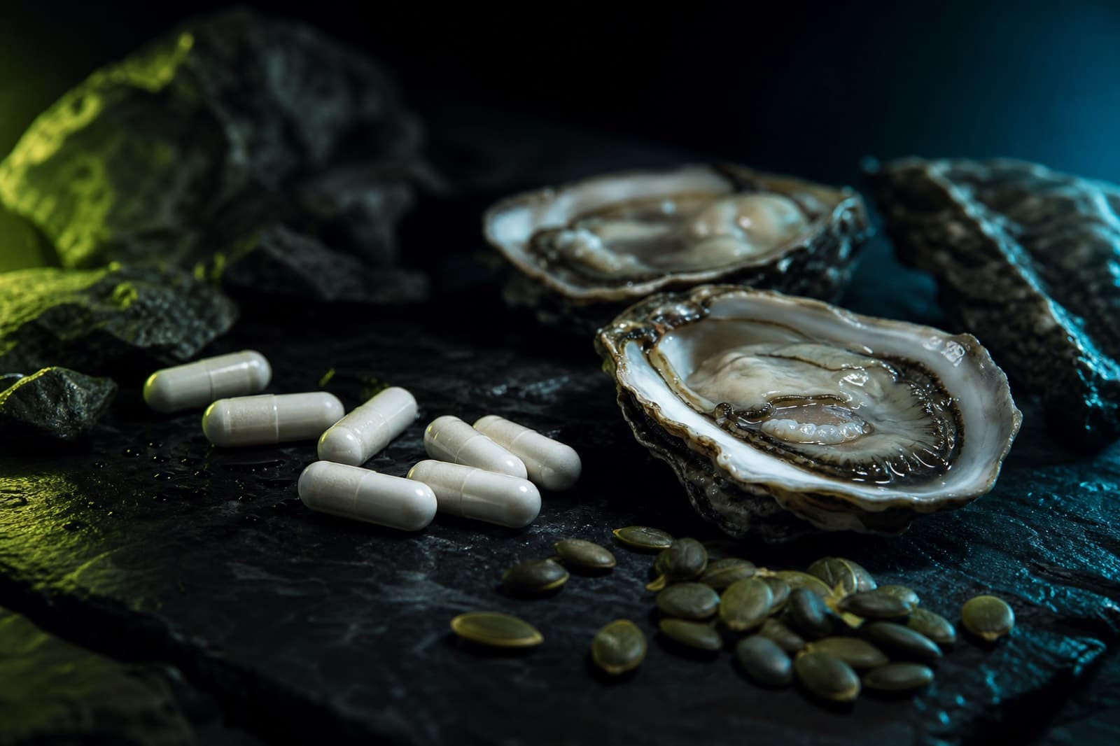 Zinc bisglycinate capsules with fresh oysters and pumpkin seeds on dark slate