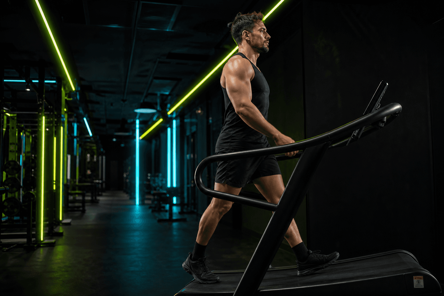 Athlete walking at easy Zone 2 pace on an incline treadmill in a dark gym with lime and cyan rim lighting