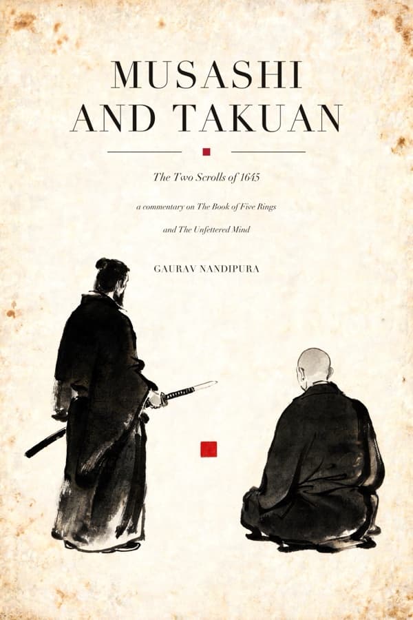 The cover of Musashi and Takuan: aged cream paper, a standing swordsman and a seated monk in ink wash, both seen from behind.