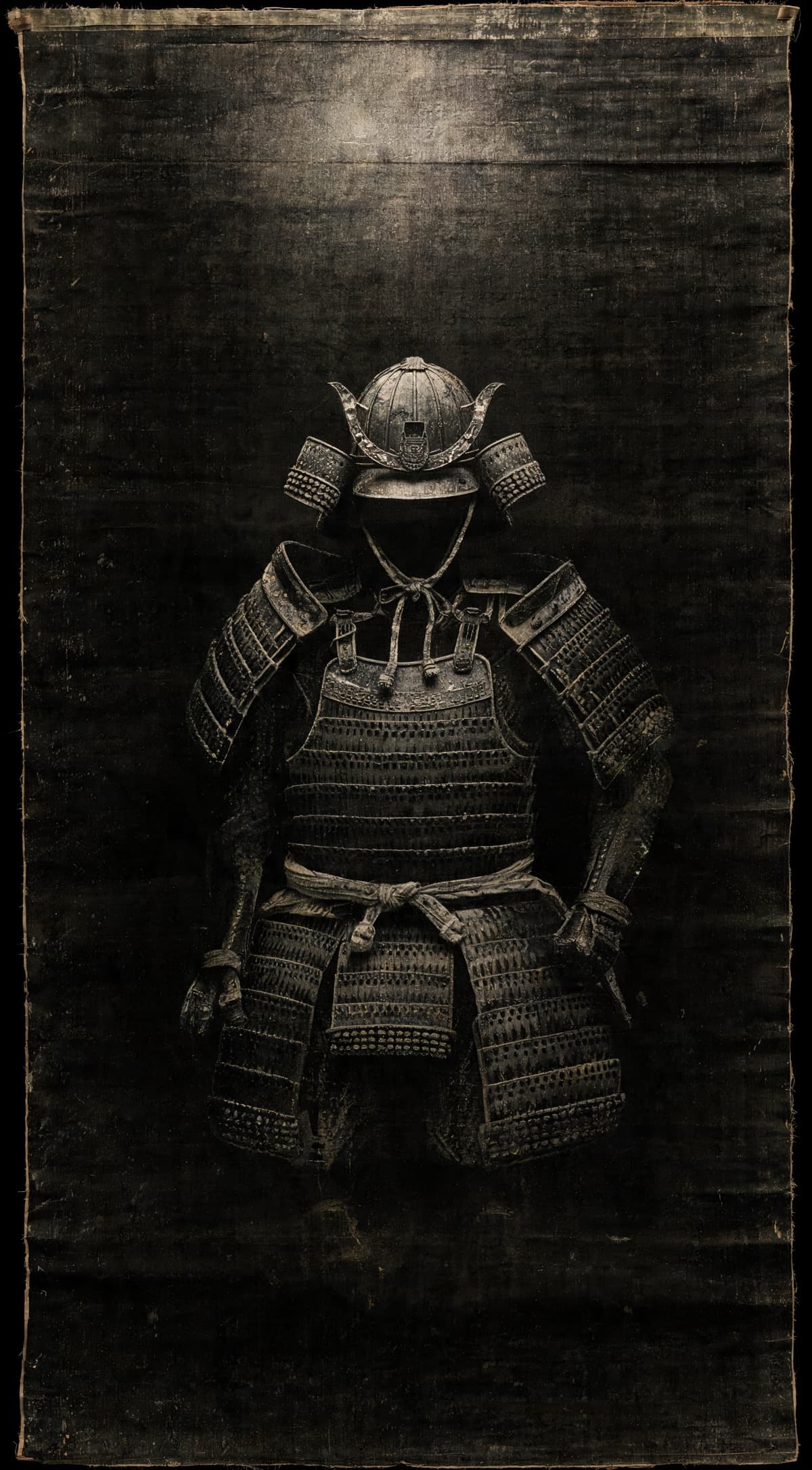 Painting of an empty suit of ancient armor standing hollow in near-total darkness, no figure inside it