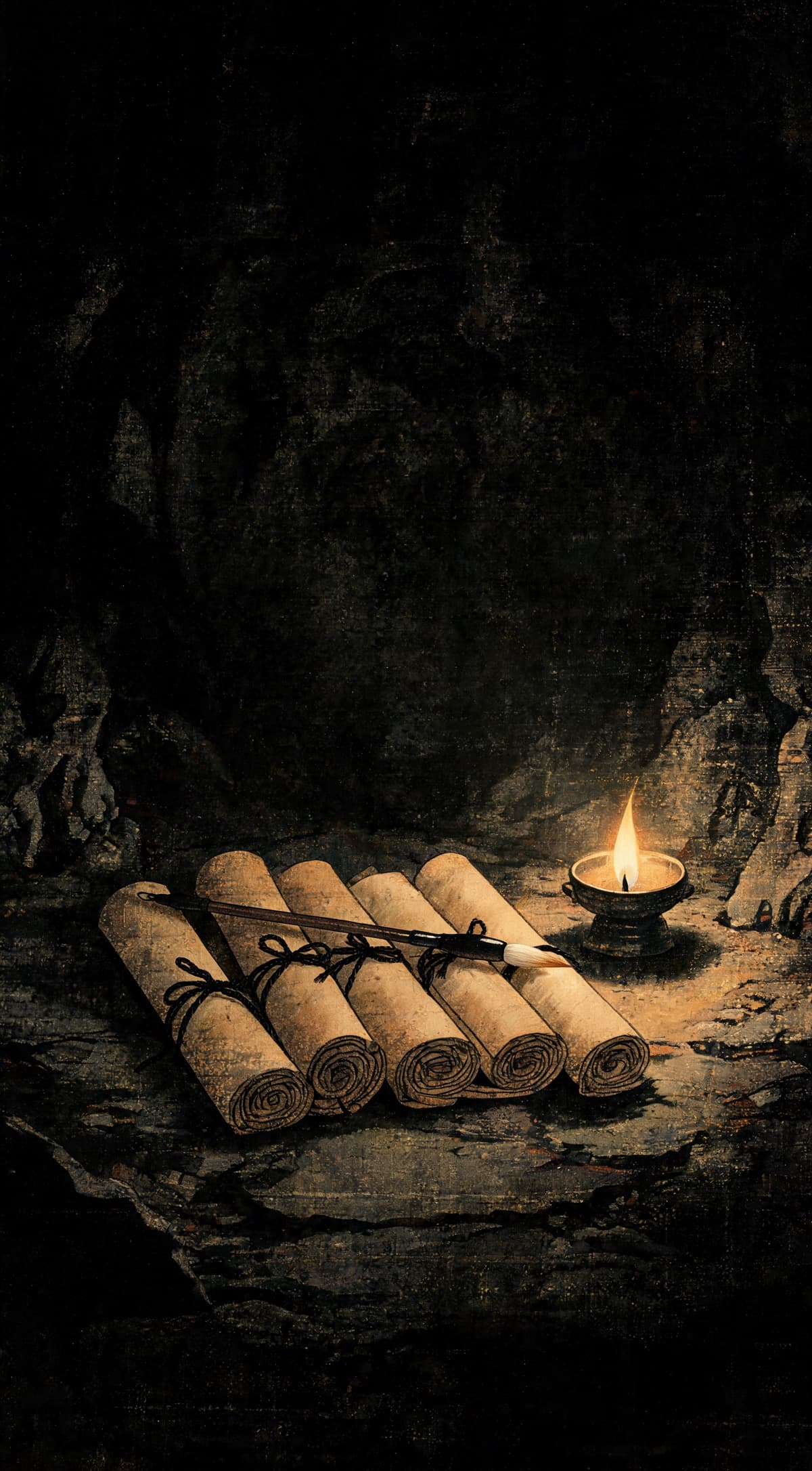 Painting of five sealed and tied scrolls resting in a dark cave beside a single oil lamp, a brush laid across them
