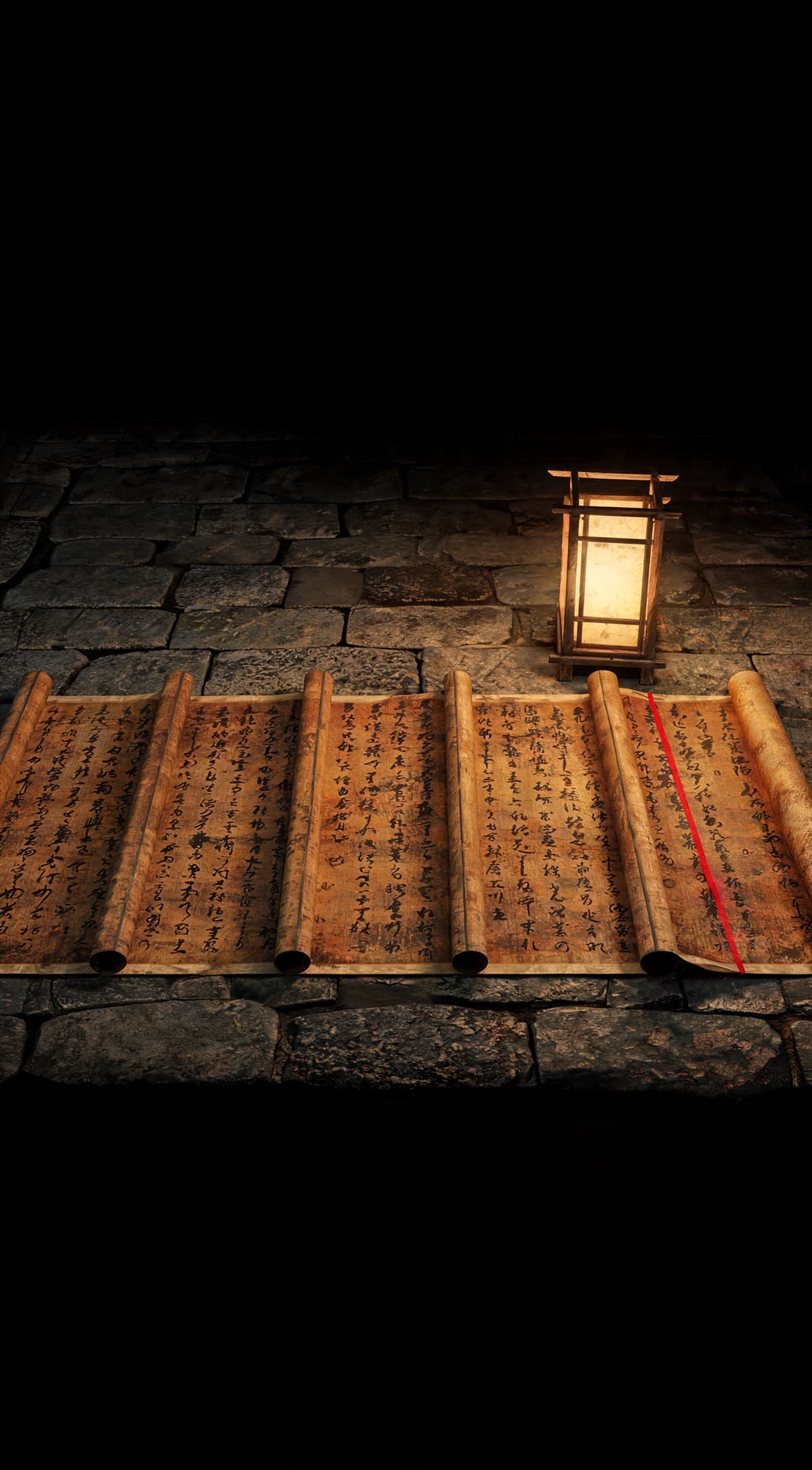 Painting of five scrolls unrolled and open side by side on stone, beside a lit paper lantern, one marked with a crimson thread