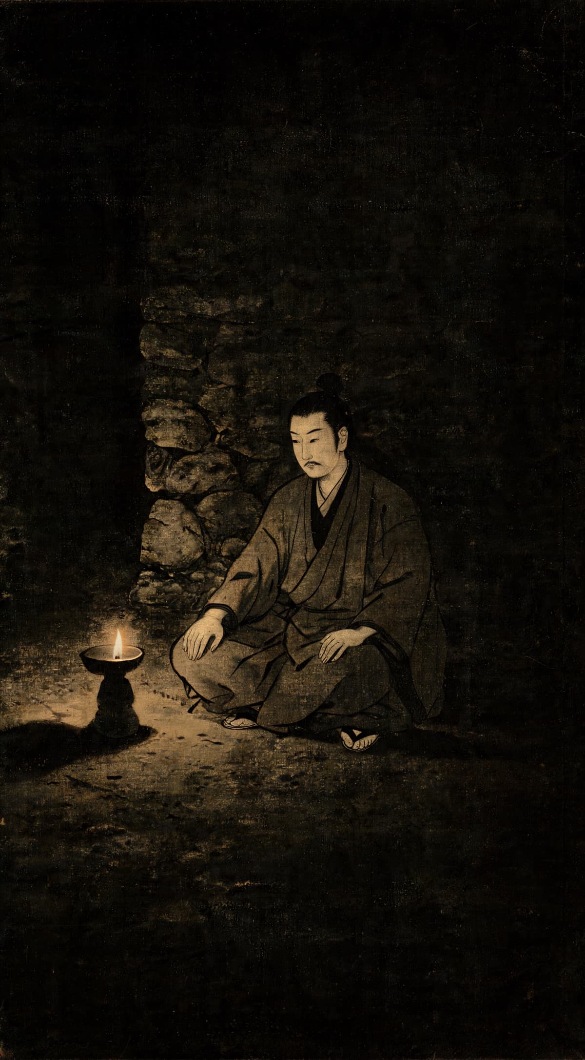 Painting of a robed figure seated in a deep, motionless squat beside a single oil lamp in a dark stone chamber