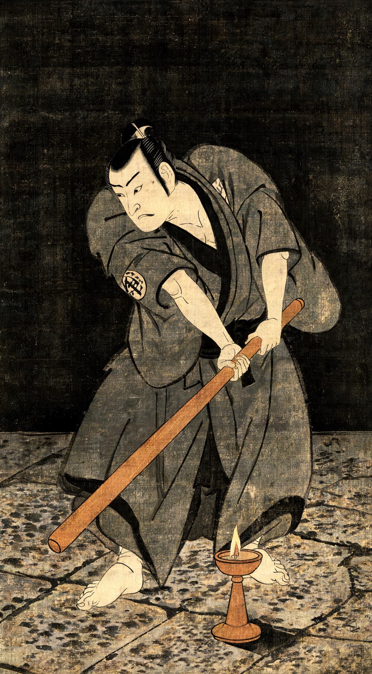 Painting of a robed figure having just brought a sword down in a single stroke, arrested above a stone floor beside a single oil lamp
