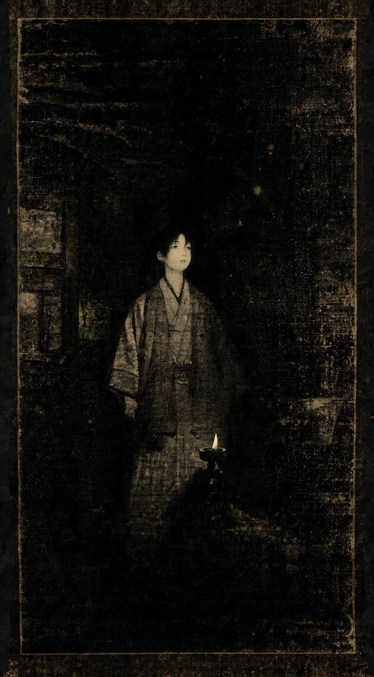 Painting of a robed figure standing loosely upright, gaze lifted and unfocused, beginning to dissolve into the surrounding darkness