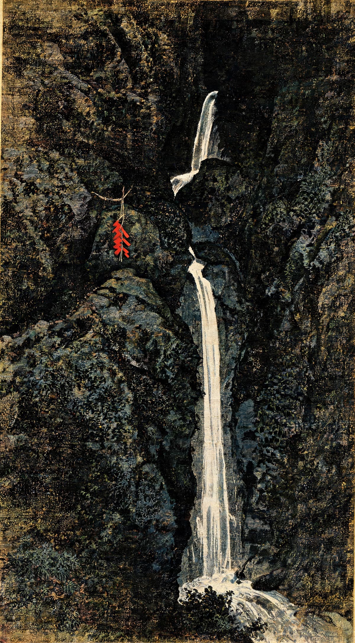 Painting of a narrow waterfall falling over dark rock in a winter gorge, a weathered shide rope marker on the stone beside it