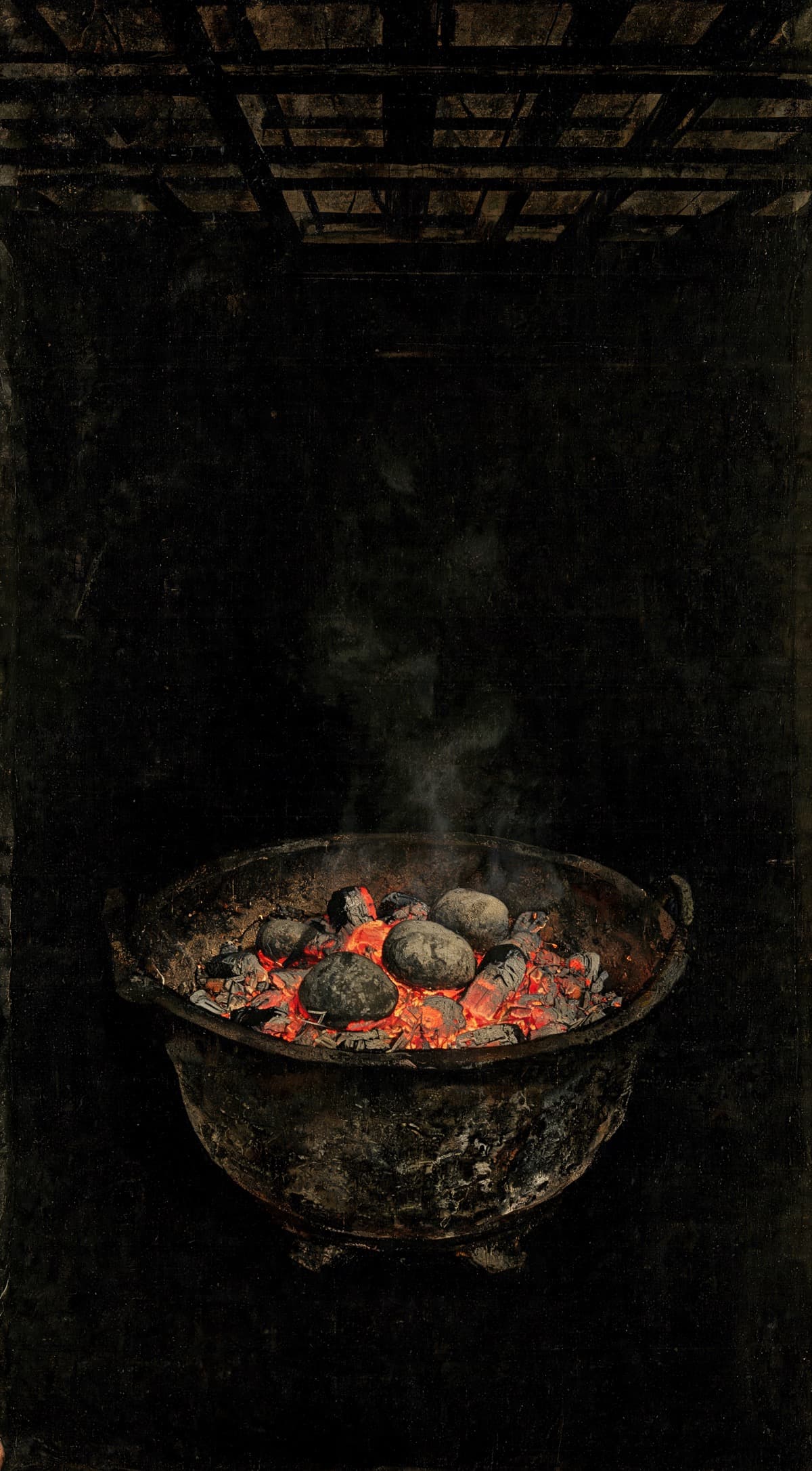 Painting of glowing embers and heated stones banked in an iron brazier in a dark wooden room, thin steam rising