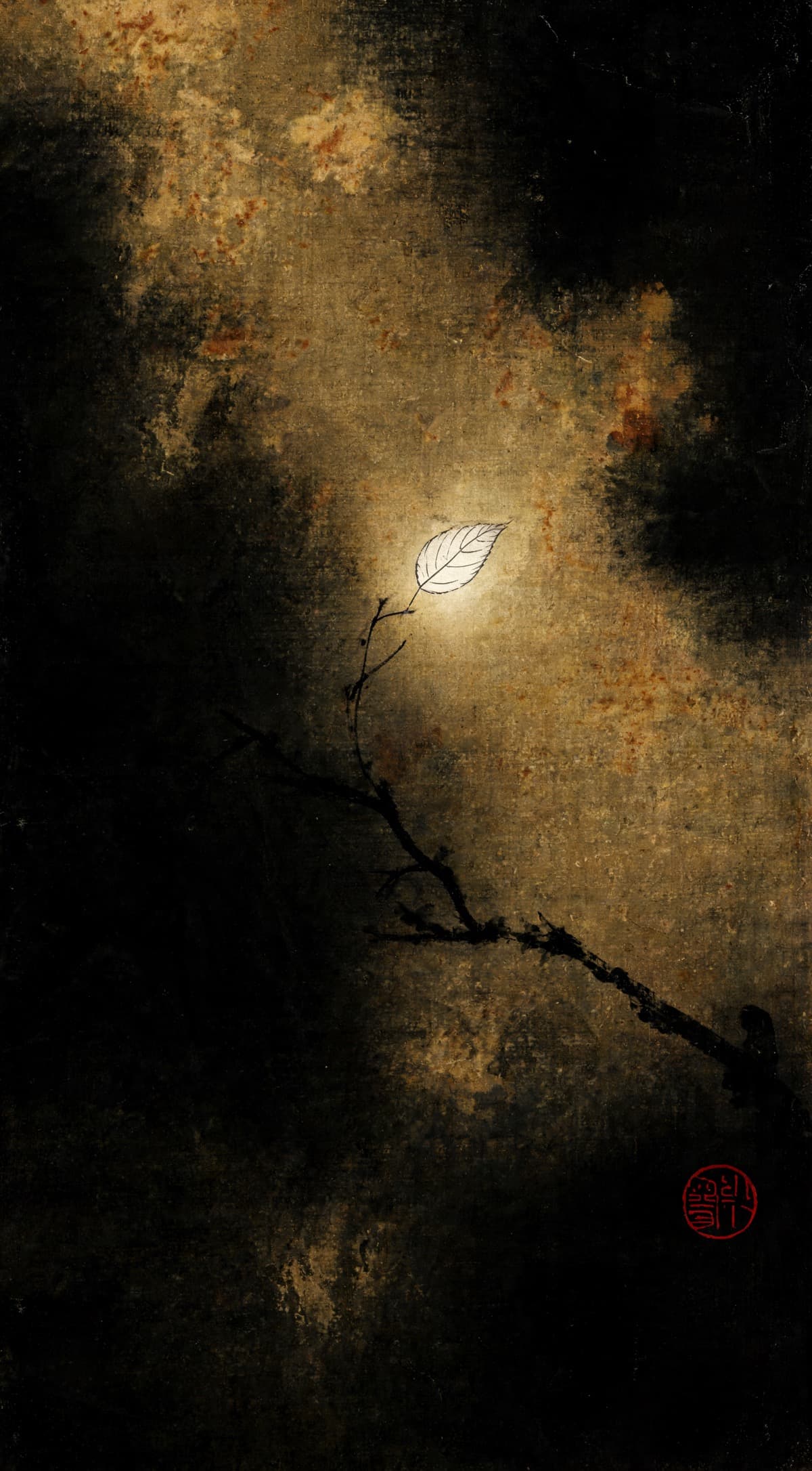 Ink wash painting of a single lit leaf on a bare branch against deep black, everything else dissolved into darkness