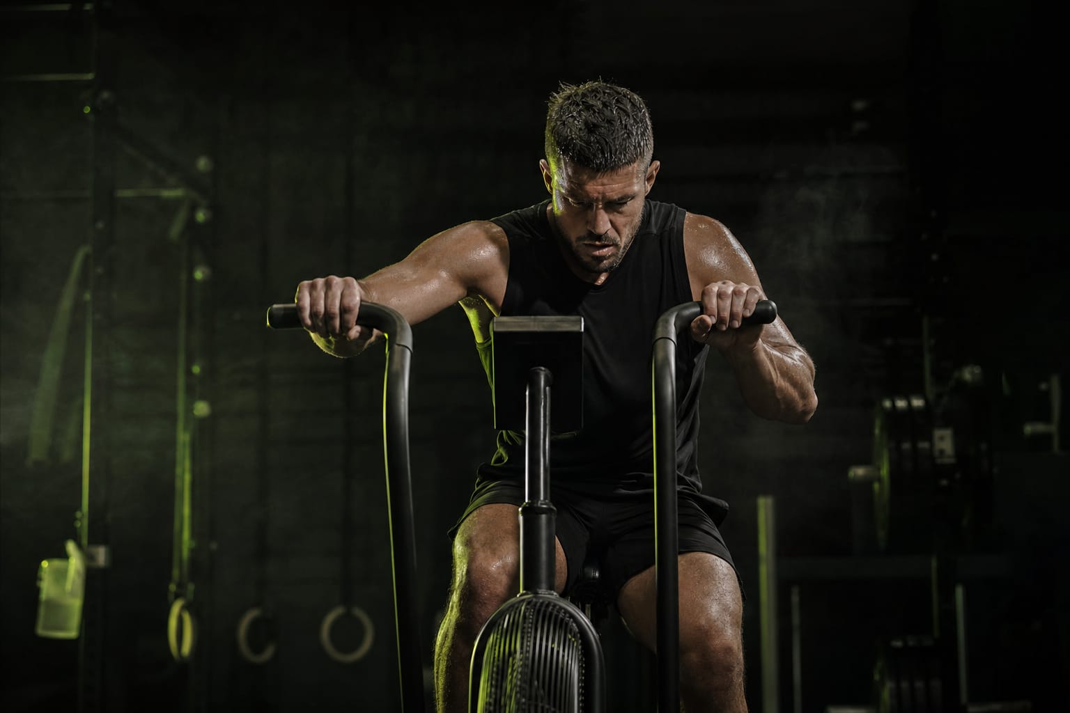 Athlete driving high-output conditioning — illustrative Dark Kinetics atmosphere, not a real client or testimonial