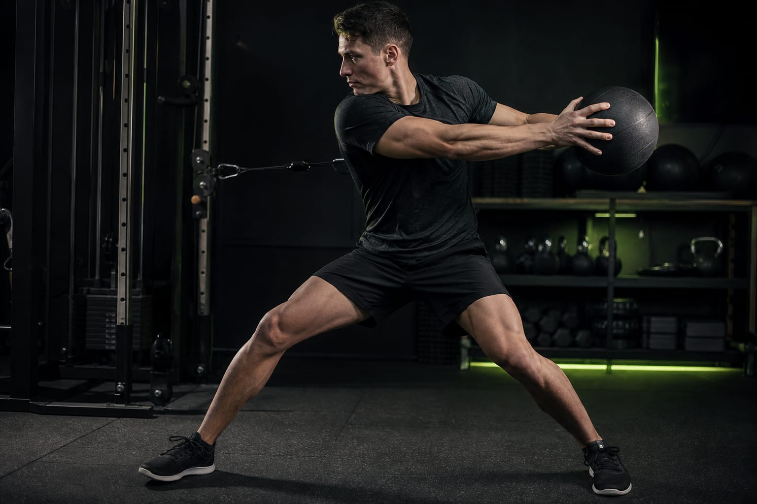 Athlete transferring force through a rotational throw — illustrative Dark Kinetics atmosphere, not a real client or testimonial